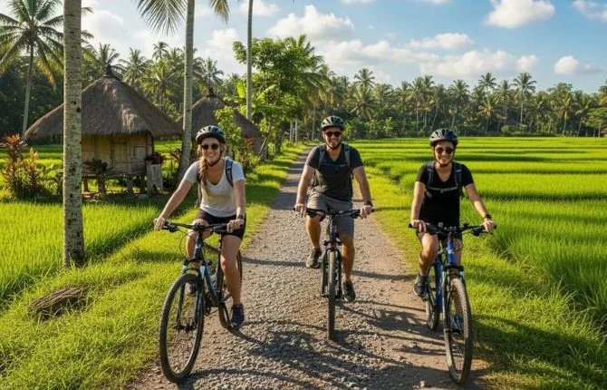 Downhill Cycling Through Rice Terraces